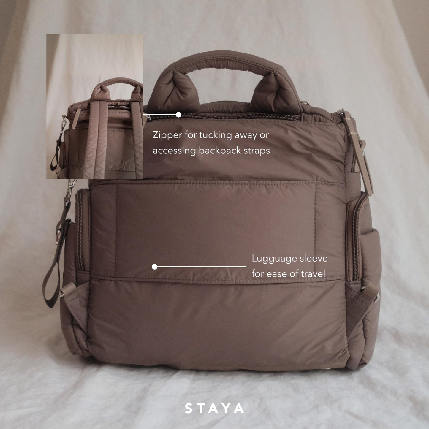 Staya Cloud Diaper Bag Backpack — Spacious Baby Bag with Removable Diaper Caddy, Insulated Bottle Pockets, Stroller Strap & Crossbody Convertible, Aesthetic Minimalist Mom Backpack (Taupe)