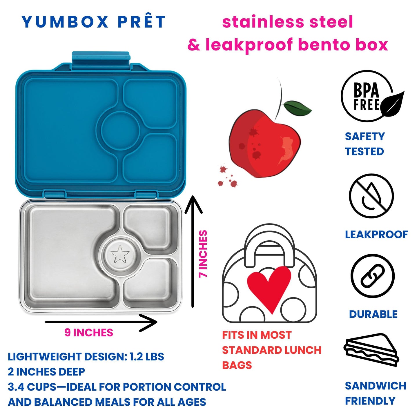 Yumbox Prêt Stainless Steel Bento Box – Leakproof, Reusable Lunch Box with Compartments for Kids & Adults – Sandwich-Friendly, BPA-Free, Eco-Friendly Lunch Container (Glitter Blue)