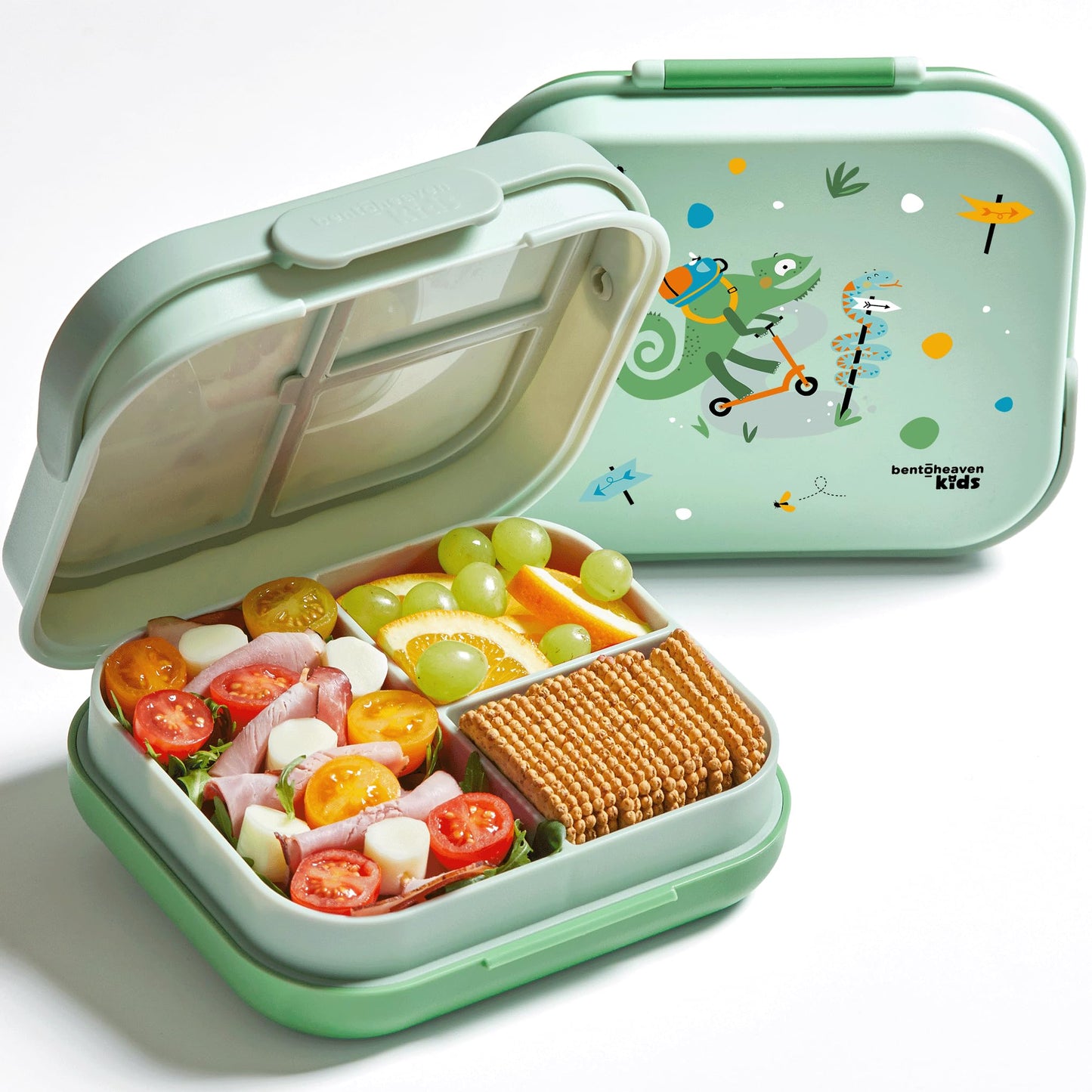 Bentoheaven Premium Bento Lunch Box for Kids, 9 Designs, Leak-proof 3-4 Compartments, Divider, Ideal size 30oz, Microwave/Dishwasher Safe Kids Bento Box (Loncheras Para Niños/Niñas)[Green]
