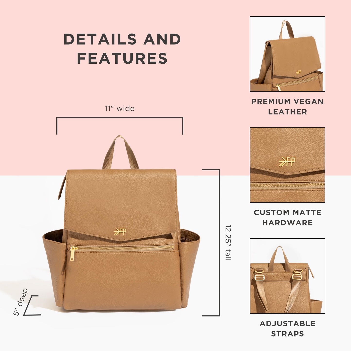 Freshly Picked Mini Diaper Bag II Backpack – Premium Vegan Leather Small Baby Bag with Changing Pad, Compact, Lightweight & Stylish for Moms On-the-Go, Toffee