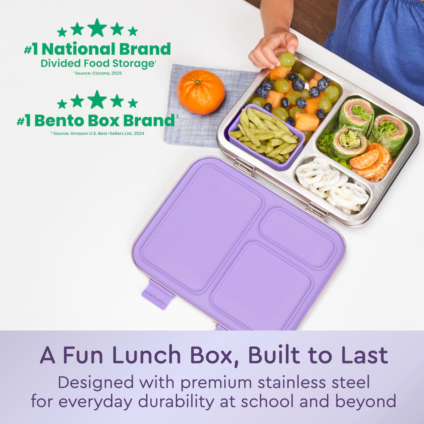 Bentgo Kids Stainless Steel Prints Leak-Resistant Lunch Box - 3-Compartments with Bonus Silicone Container, Durable, Eco-Friendly, Dishwasher Safe, BPA-Free, Ideal for School, Ages 3+ (Unicorn)
