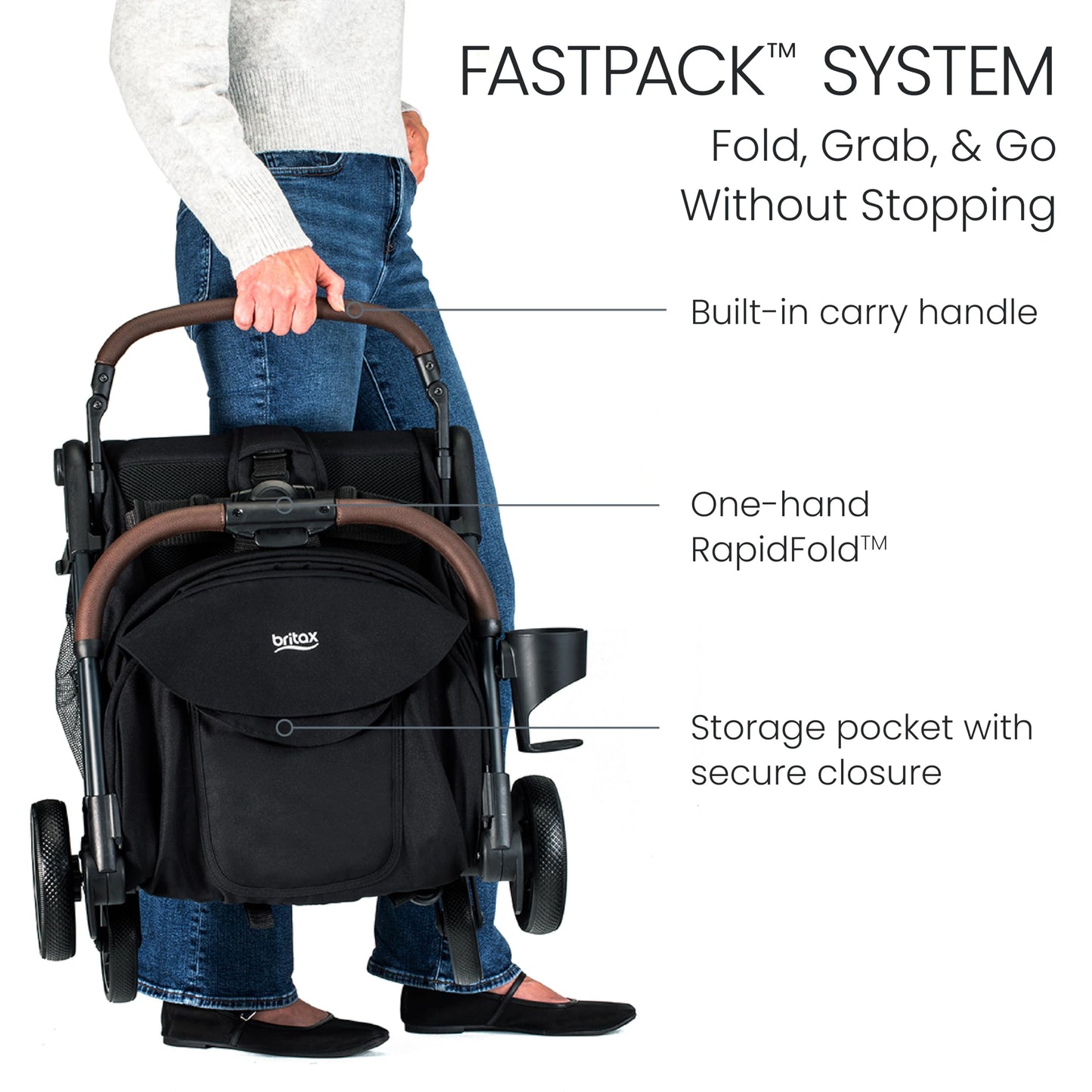 Britax Juniper Compact On-The-Go Stroller, Effortless Fastpack System with One-Hand RapidFold, Portable & Lightweight for Travel, Built-in Carry Handle, Ventilating Fabrics, Raven Black