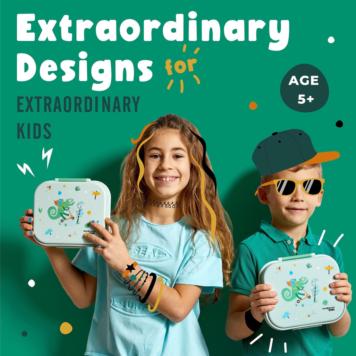 Bentoheaven Premium Bento Lunch Box for Kids, 9 Designs, Leak-proof 3-4 Compartments, Divider, Ideal size 30oz, Microwave/Dishwasher Safe Kids Bento Box (Loncheras Para Niños/Niñas)[Green]