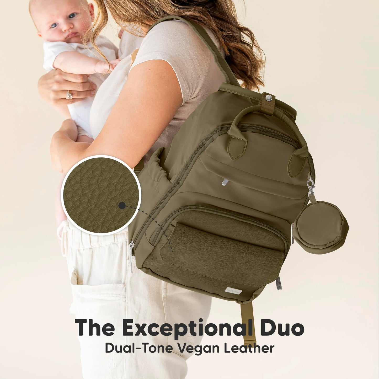 KeaBabies Diaper Bag Backpack - Small Multifunctional Travel Diaper Back Packs, Maternity Baby Changing Bags, 12L Capacity, PU Leather, Waterproof, Unisex, Nappy Changing Pad (Dark Olive, Small)