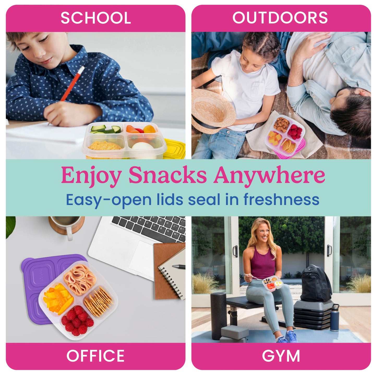 Bentgo Easyboxes 4-Compartment Snack Containers - 8-Piece Set with 4 Trays & 4 Custom-Fit Lids to Seal in Freshness - Reusable Food Storage & Meal Prep Bento BPA-Free Containers (Brights)