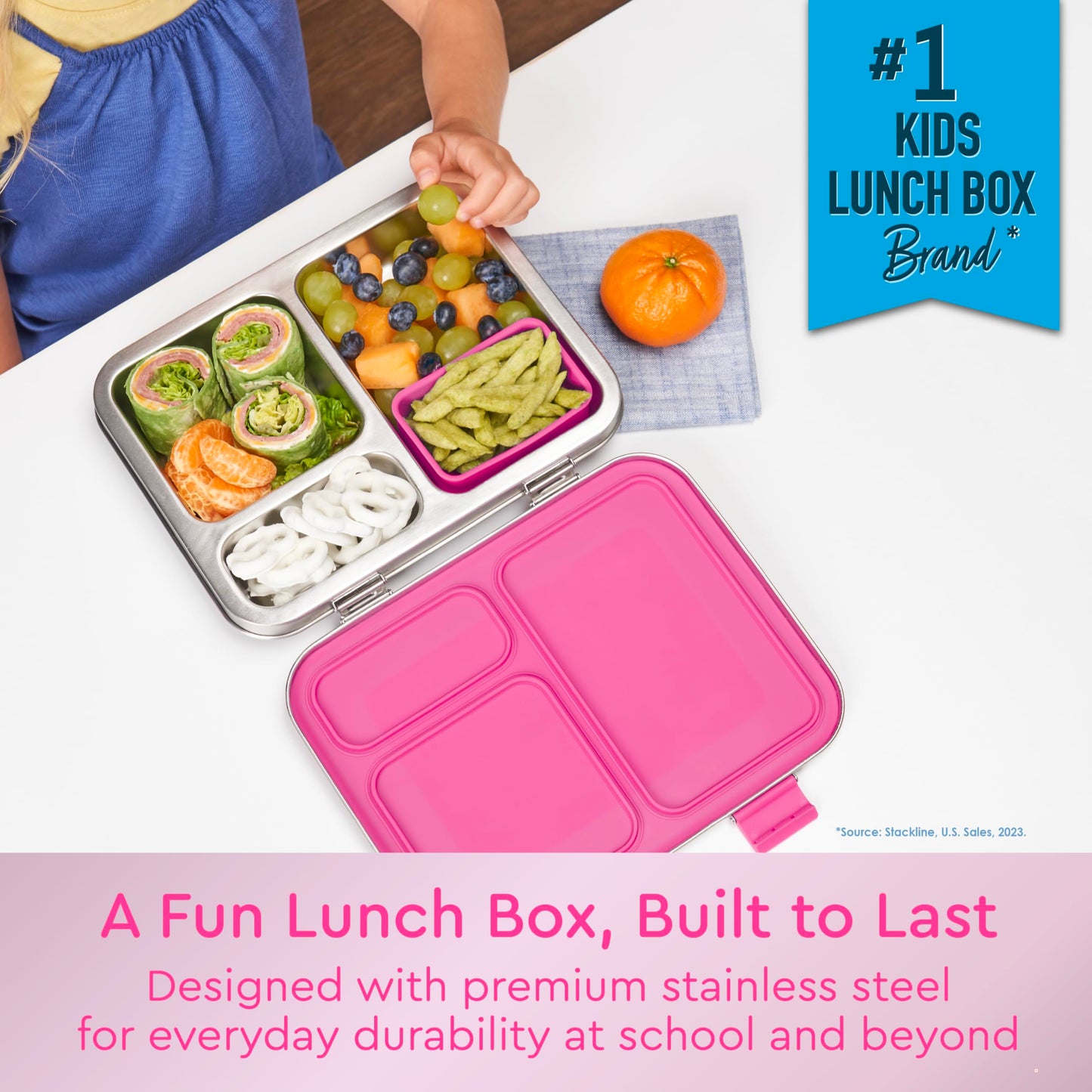 Bentgo Kids Stainless Steel Leak-Resistant Lunch Box - 3-Compartments with Bonus Silicone Container, Durable, Eco-Friendly, Dishwasher Safe, BPA-Free, Ideal for School, Ages 3+ (Fuchsia)