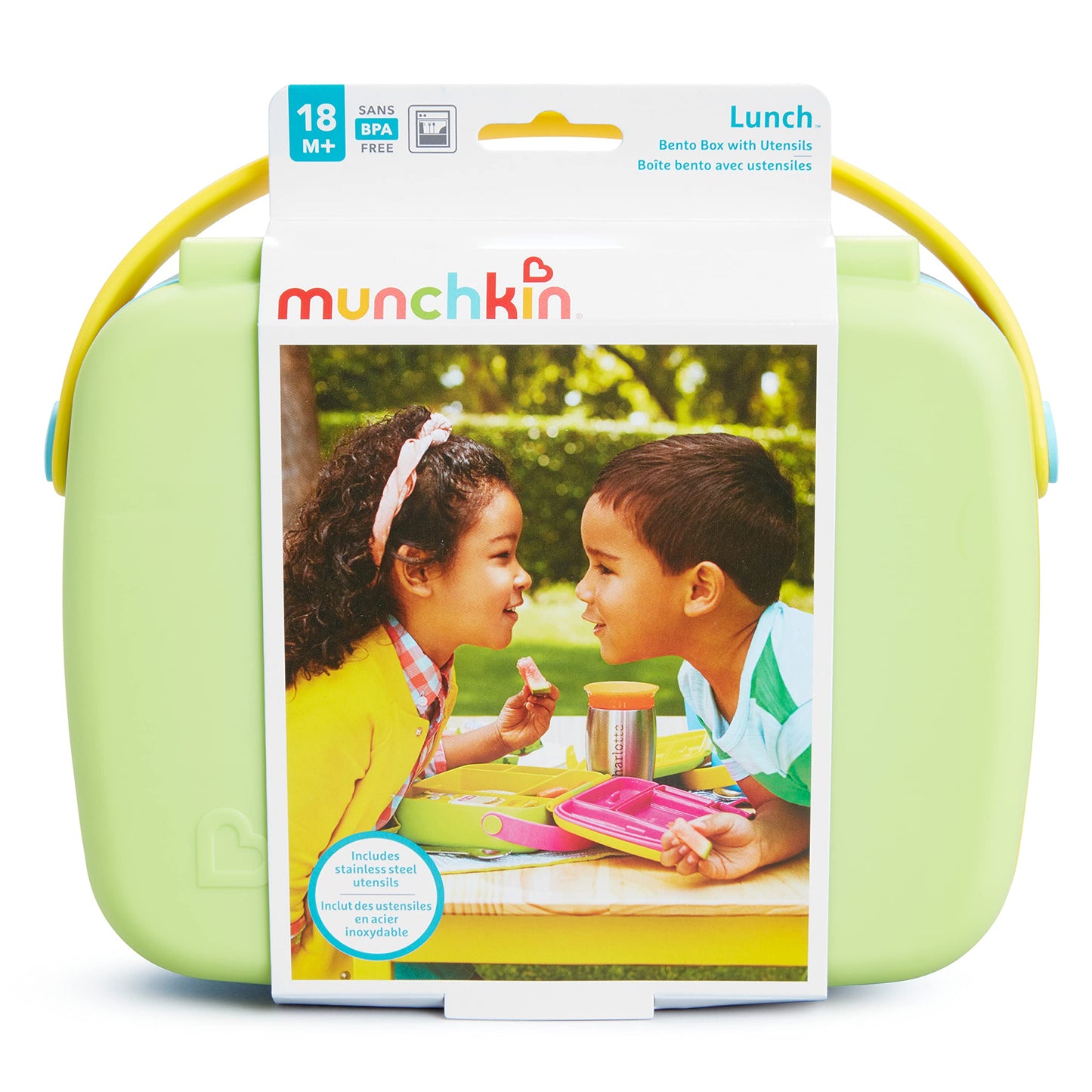 Munchkin Lunch Bento Box for Kids and Toddlers, Includes Stainless Steel Utensils, BPA-Free, 18 Months and Up, Blue/Green/Yellow