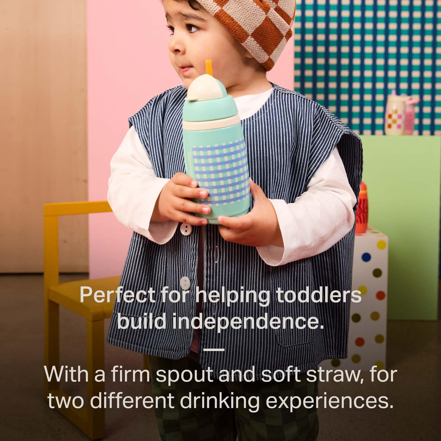 Tommee Tippee Active Straw Toddler Cups, 9 oz, Insulated Sippy Cups For Toddlers 1-3, Silicone Straw and Leak-Proof Valve, Mint and Beige, Pack of 2