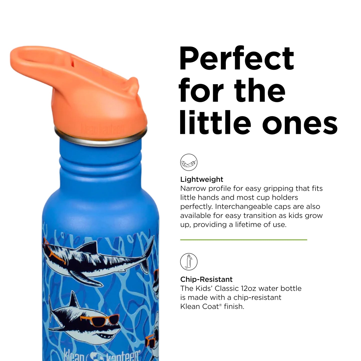 Klean Kanteen 12 oz Classic Kid's Water Bottle with Flip Seal Sport Cap & Straw - 100% Leakproof Cap - Durable Stainless Steel Material - Lightweight & Easy-Grip - BPA-Free - Sharks in Shades