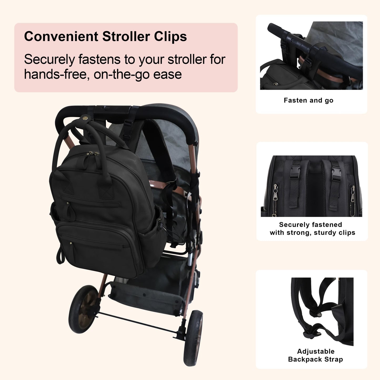 JESSIE & JAMES Saturday EDC Diaper Bag Backpack Multi Function Diaper Bag with Changing Pad & Stroller Straps_Black