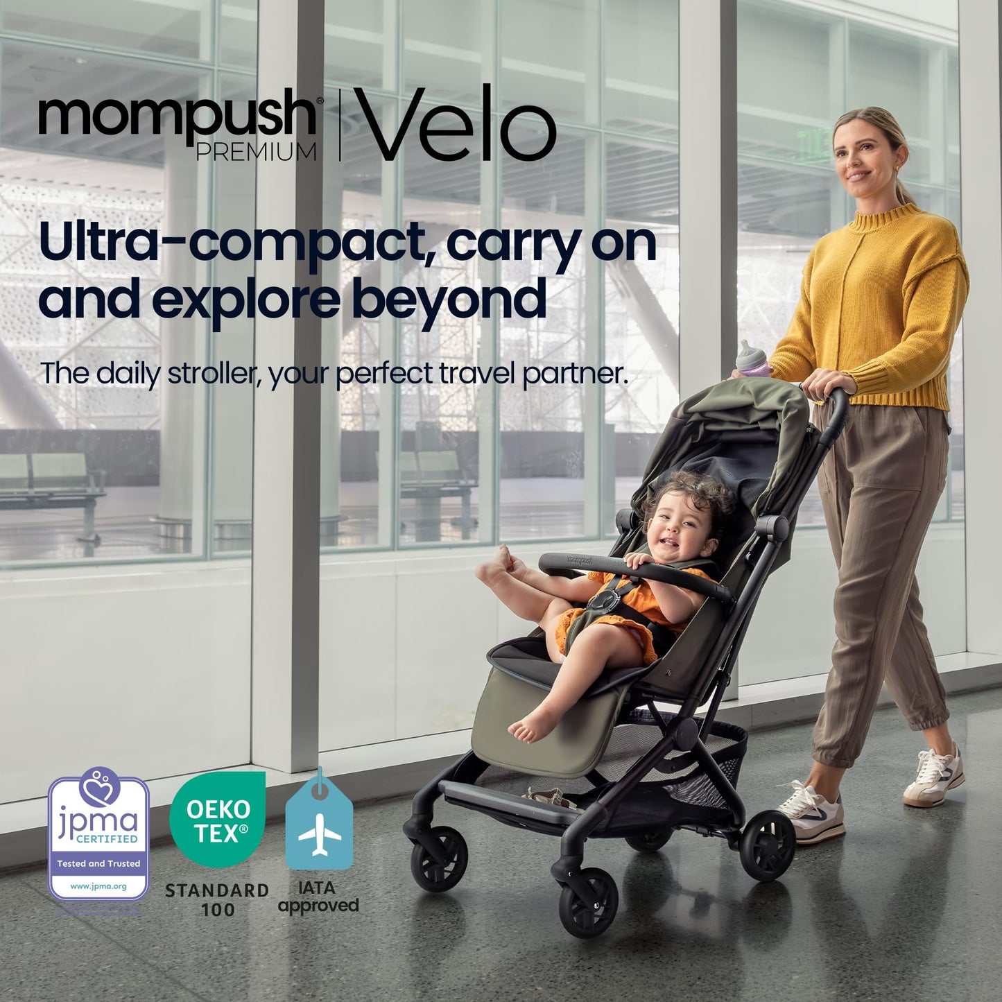 Mompush Velo Lightweight Travel Stroller, Compact & Airplane-Friendly for Baby and Toddler, Lie-Flat Seat, One-Hand Fold, with Leather Bumper Bar, Shoulder Strap, Raincover, Storage Bag & Cup Holder