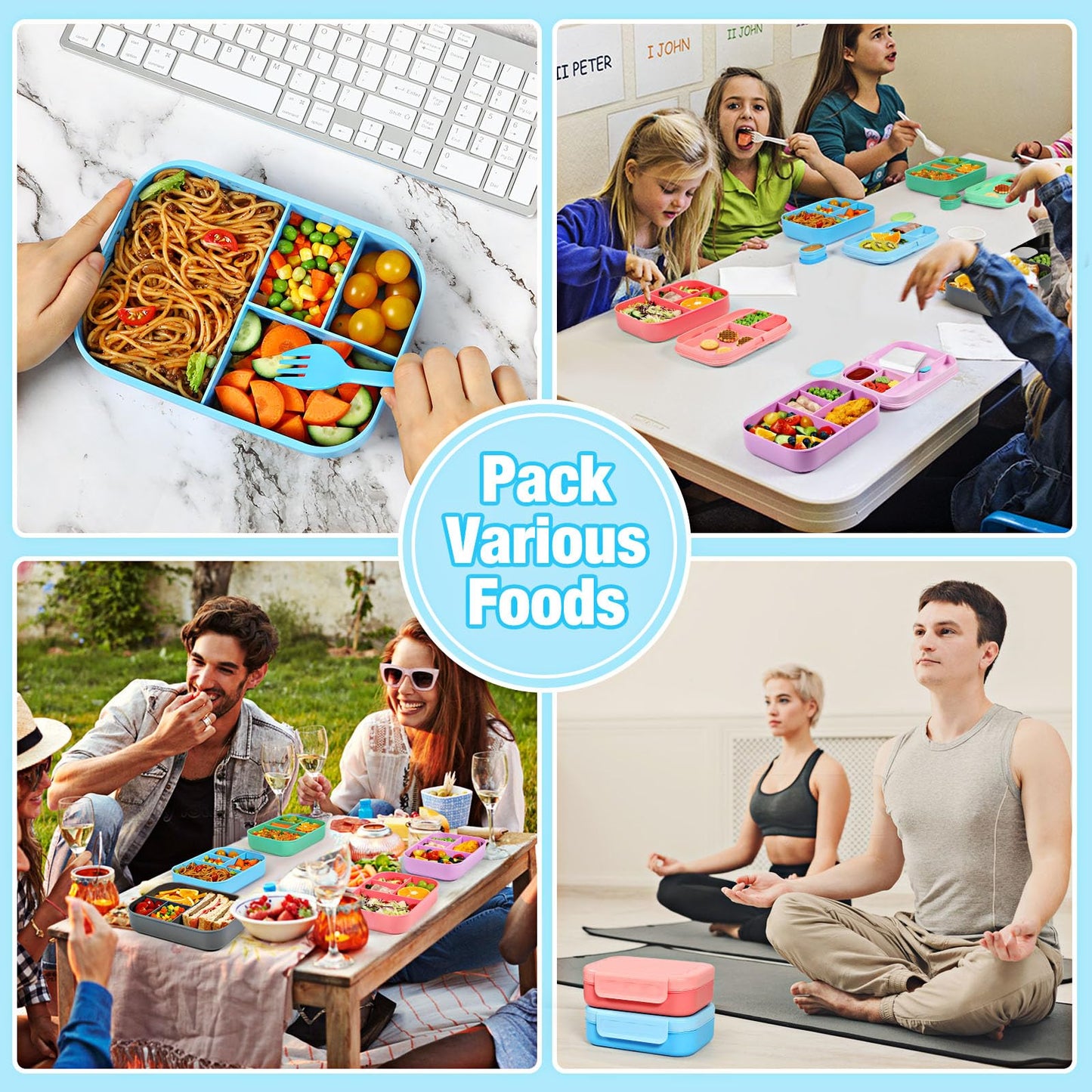 Caperci Bento Box for Kids - Stackable Leakproof Multiple Compartments 5.8 Cups Bento Lunch Box for Adults with Sauce Container - Idea for School, On-the-go, Built-in Utensil Set, BPA Free (Blue)