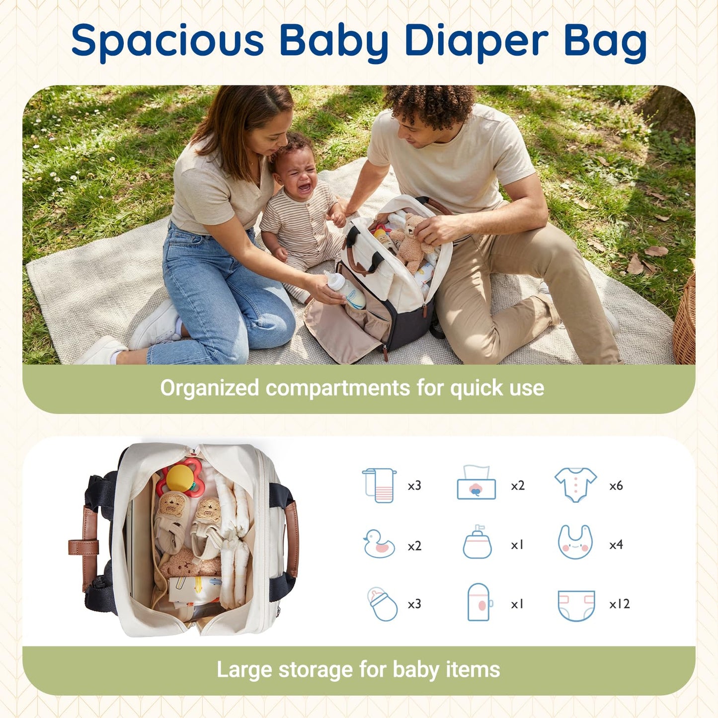 mommore Diaper Bag Backpack, Multi-function Travel Baby Diaper Bag for Mom, Large Capacity Baby Essentials with Insulated Pockets, Changing Pad, Stroller Straps