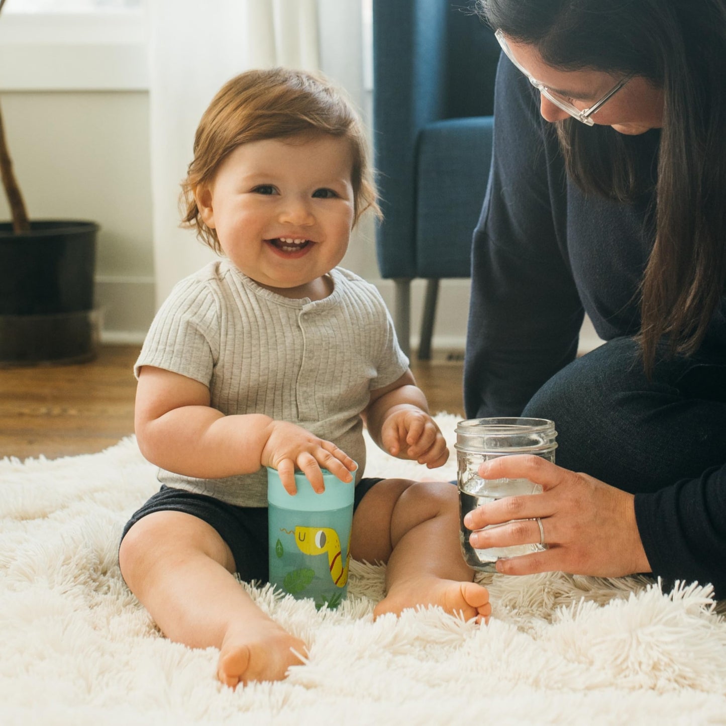 Dr. Brown's Milestones Cheers 360 Spoutless Transition Cup, Travel Friendly and Leak Free Sippy for Babies and Toddlers, Blue/Green Animals, BPA-Free, 10 oz/300 mL, 9m+, 2-Pack