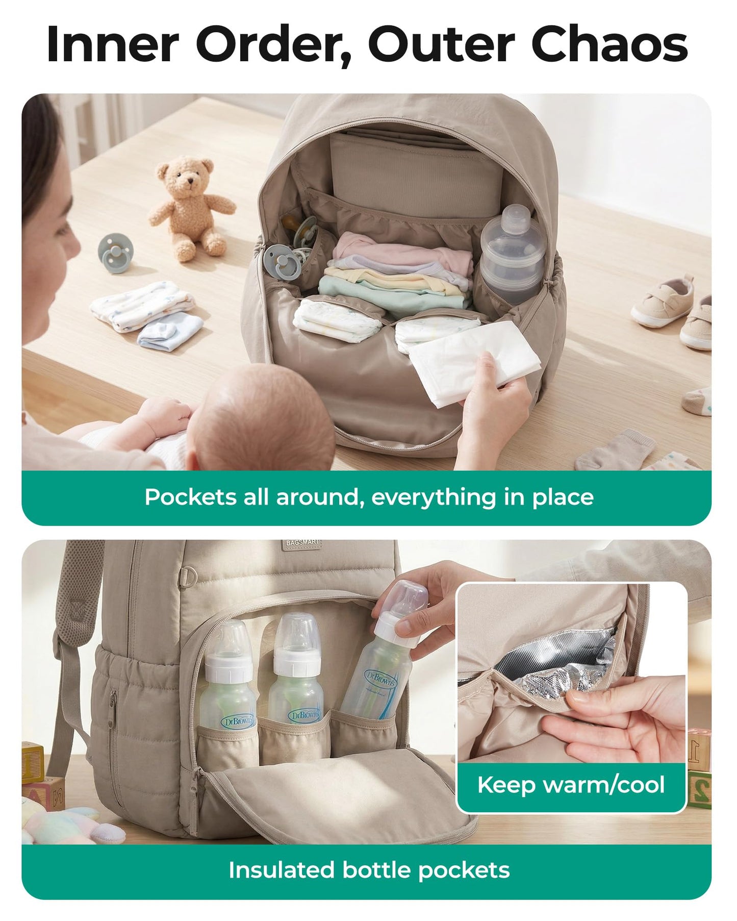BAGSMART Diaper Bag Backpack, Multi-Pocket Puffy Diaper Bag with Waterproof Changing Pad, Lightweight Stroller-Friendly Diaper Bag with Insulated Pockets, Easy-Access Baby Essential, Camel