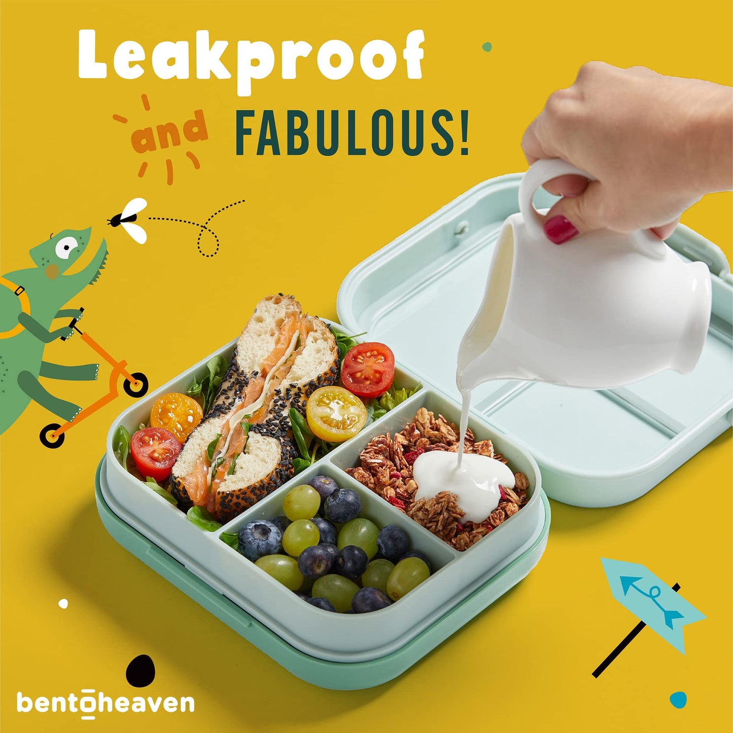 Bentoheaven Premium Bento Lunch Box for Kids, 9 Designs, Leak-proof 3-4 Compartments, Divider, Ideal size 30oz, Microwave/Dishwasher Safe Kids Bento Box (Loncheras Para Niños/Niñas)[Green]