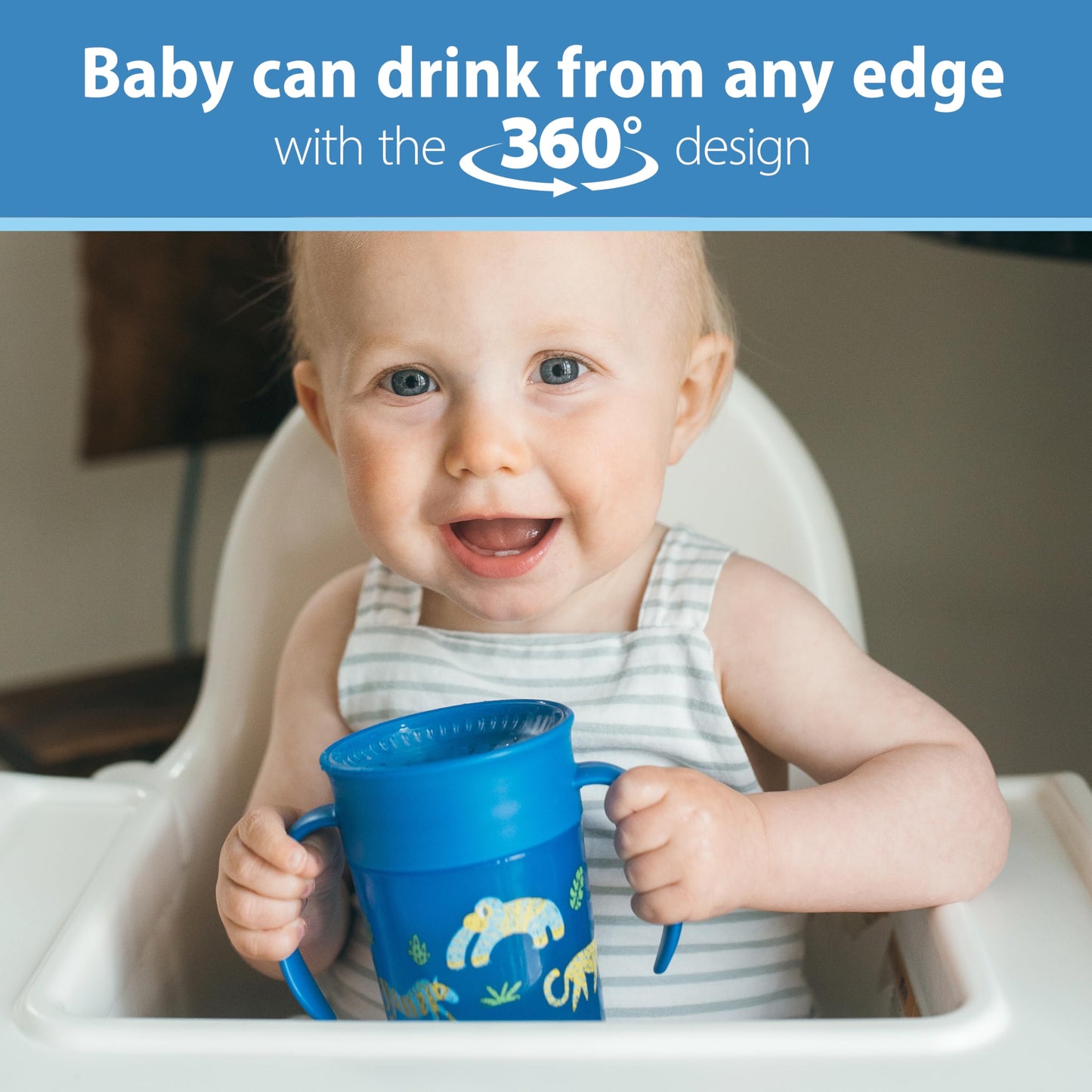 Dr. Brown's Milestones Cheers 360 Spoutless Transition Cup with Handles, Travel Friendly and Leak Free Sippy for Babies and Toddlers, Blue Animals, BPA-Free, 7 oz/200 mL, 6m+, 1-Pack