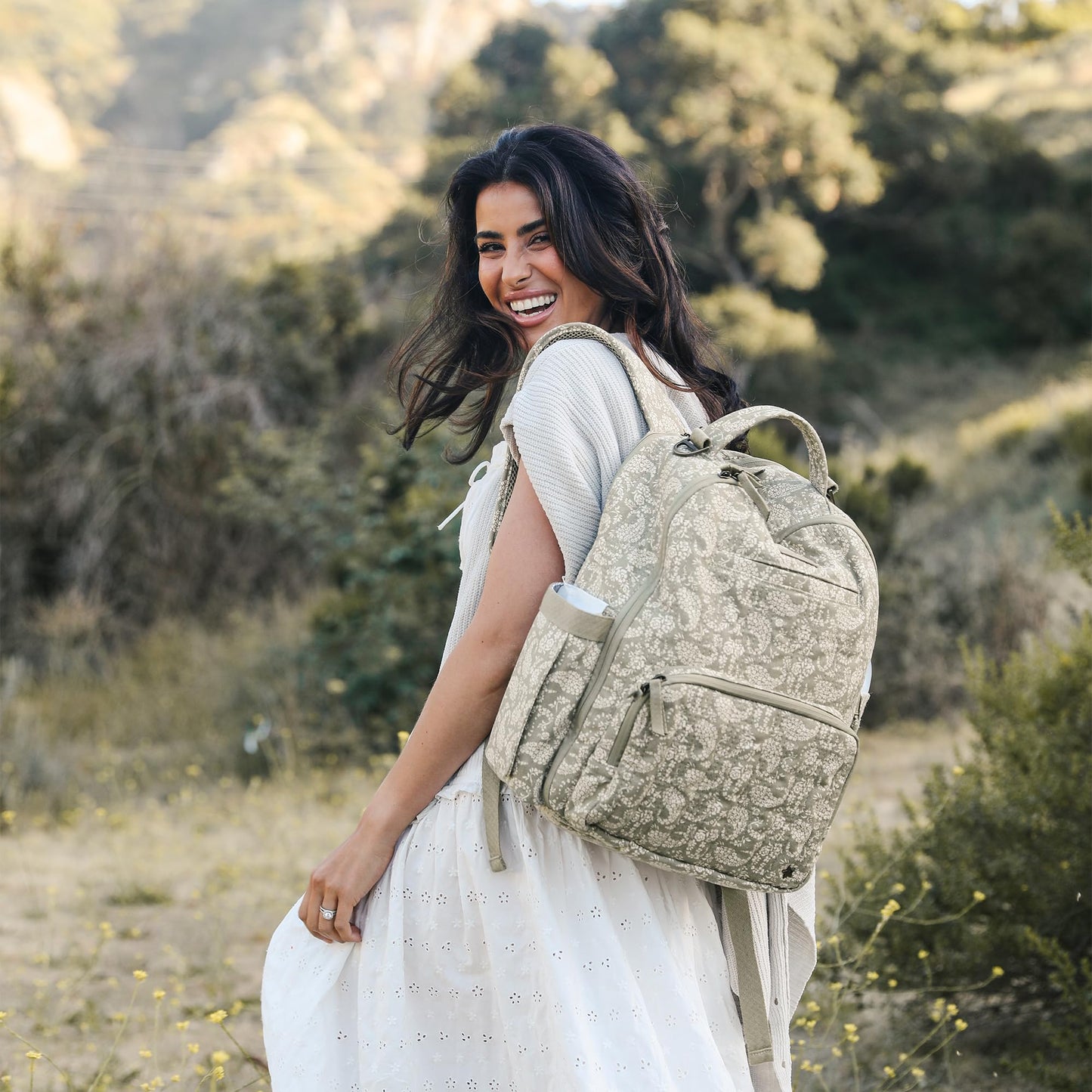 JuJuBe x Sazan Hendrix - New Classic Diaper Bag Backpack with Portable Changing Pad, Stroller Straps, Large Travel Backpack for carrying Baby Bottles, Wipes, Diapers, Pacifiers, Paisley Floral