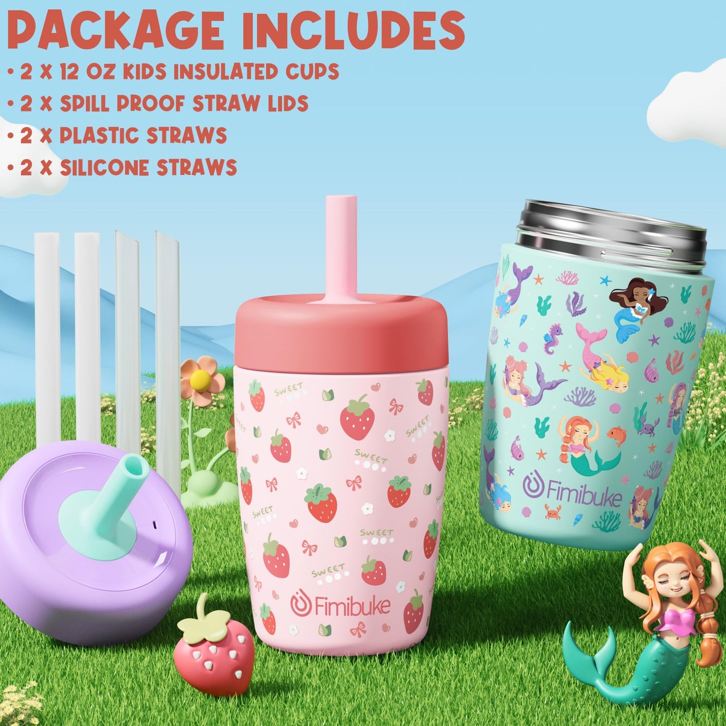 Fimibuke Kids & Toddler Cups Spill Proof, 12 OZ Insulated Sippy Cups for Toddlers Boys Girls, BPA-Free Toddler Straw Tumbler, Stainless Steel Kids Water Bottle with Twist Lids & Silicone Straw, 2 Pack