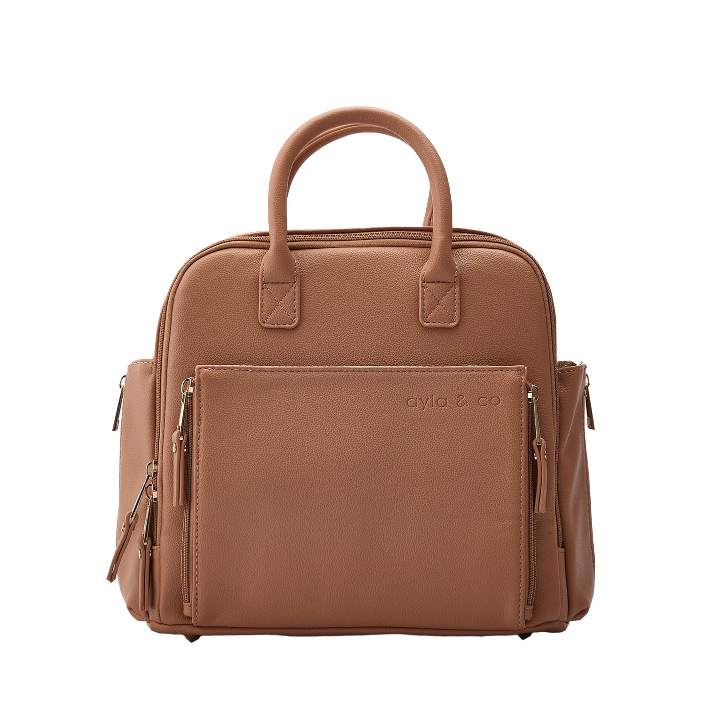 Ayla & Co Mini Bag, Transitional Minimal Diaper Bag, Vegan Leather, with Expandable Pockets, Built-In Wallet, Organizer, Magnetic Front Pocket, Adjustable Straps, Caffe