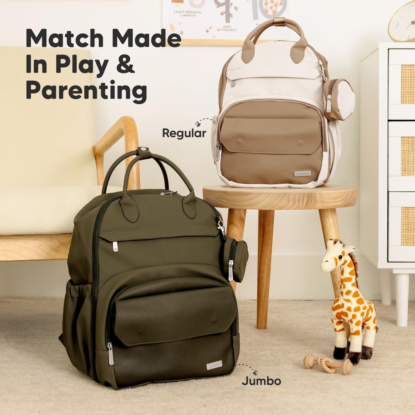 KeaBabies Diaper Bag Backpack - Multifunctional Travel Diaper Back Packs, Maternity Baby Changing Bags, Compact 18L Capacity, PU Leather, Waterproof, Unisex, Nappy Changing Pad (Dark Olive)