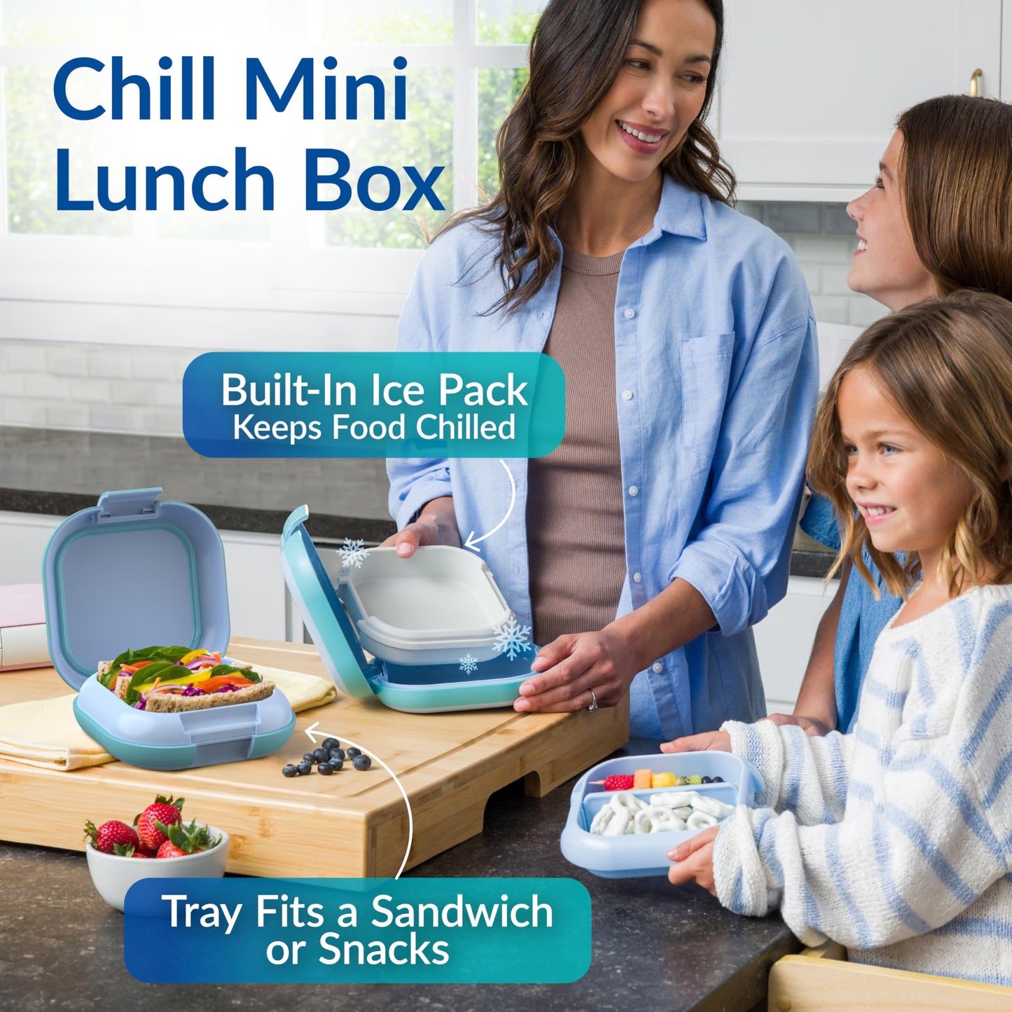 Bentgo Chill Mini Leak-Proof Lunch Box – Built-In Ice Pack Keeps Food Cold, 2.7-Cup Capacity for Snacks or a Sandwich, 3 or 4 Compartments, PFAS & BPA-Free, Ideal for Adults & Kids 3+ (Tide Blues)