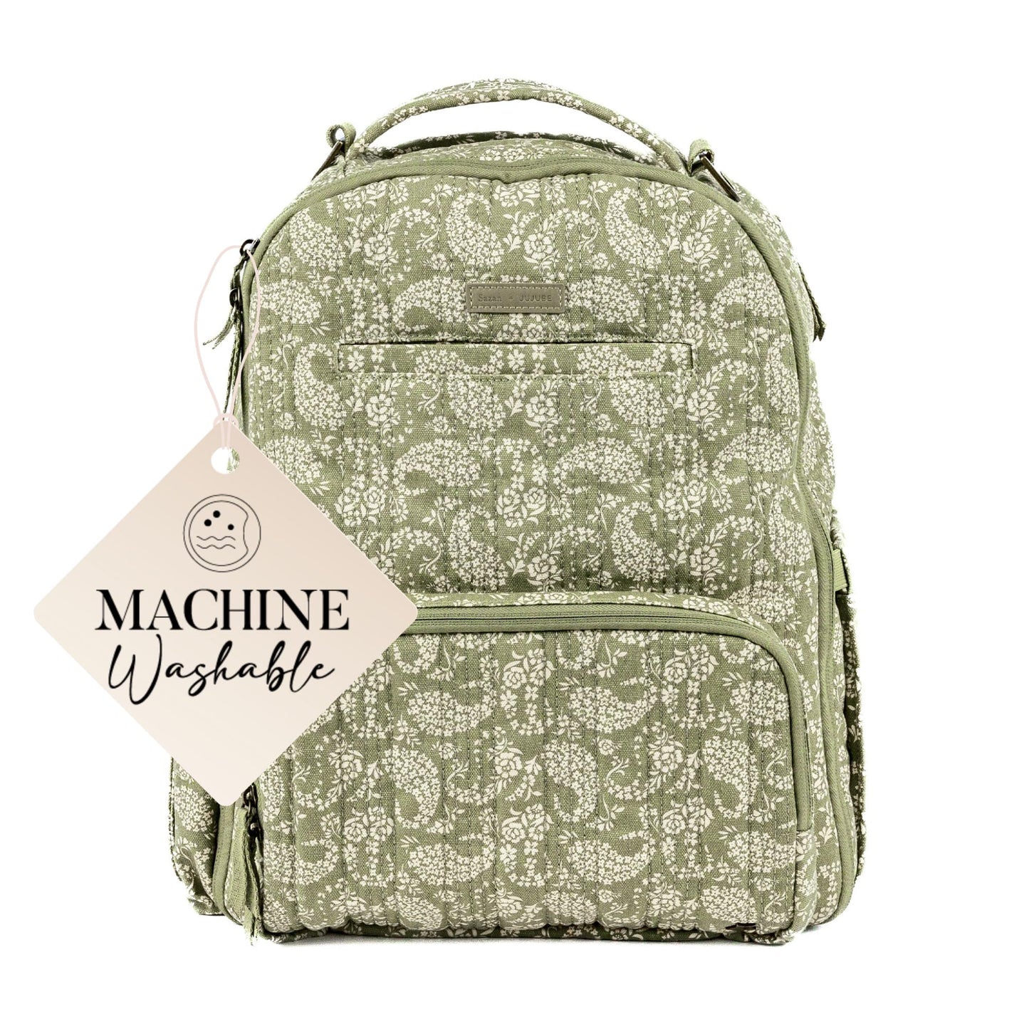 JuJuBe x Sazan Hendrix - New Classic Diaper Bag Backpack with Portable Changing Pad, Stroller Straps, Large Travel Backpack for carrying Baby Bottles, Wipes, Diapers, Pacifiers, Paisley Floral